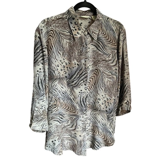 Riva 100% Silk Animal Print Button Up Blouse M Medium 3/4 Sleeve Zebra Leopard - Picture 6 of 12